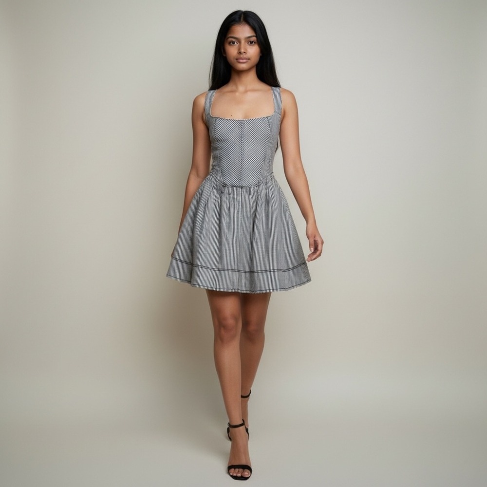 Anthropologie Pilcro Pinstripe Crisscross Back Mini Dress XS Blue White